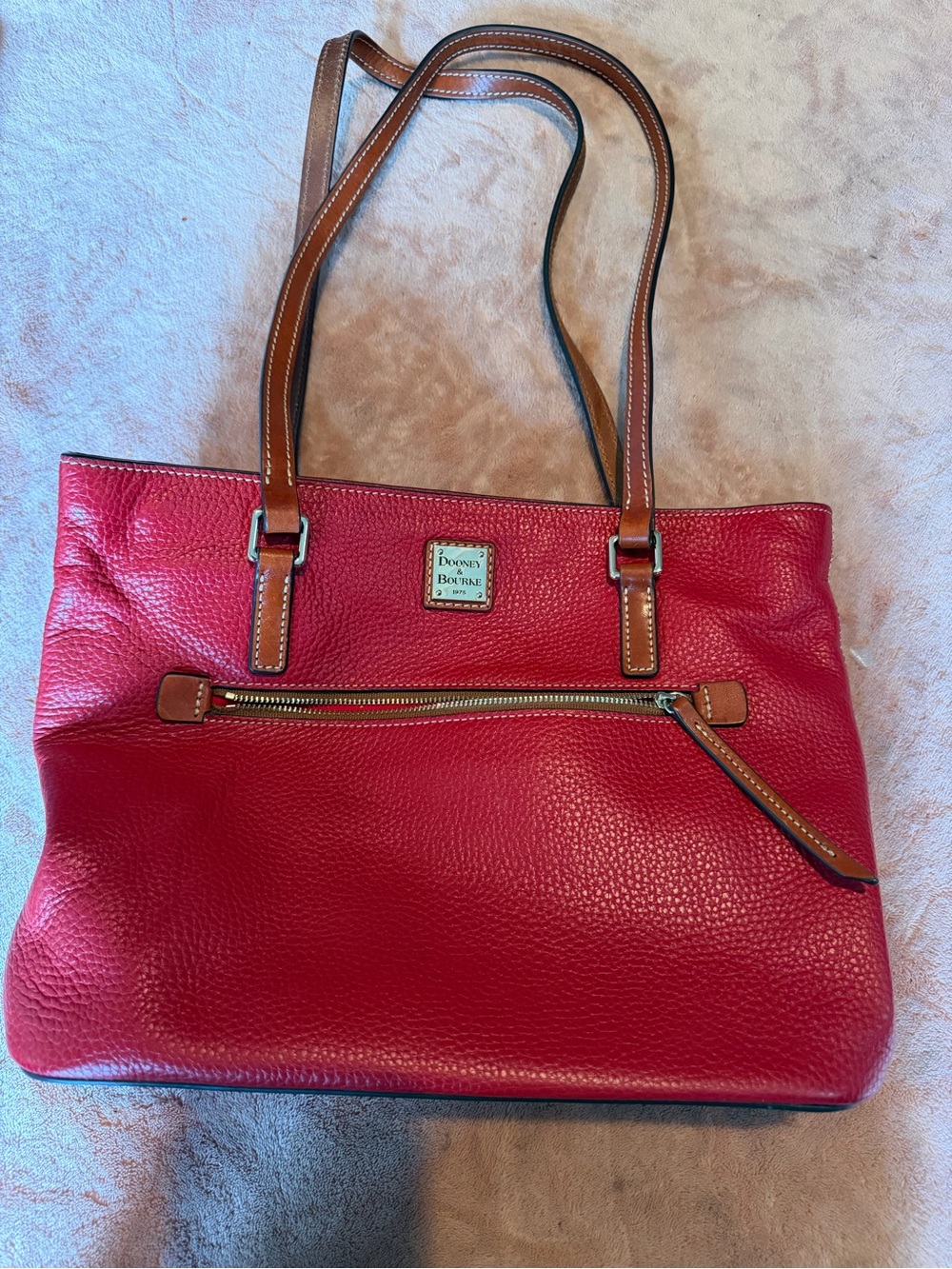 Dooney & Bourke Red Pebbled Leather Tote with Brown Straps